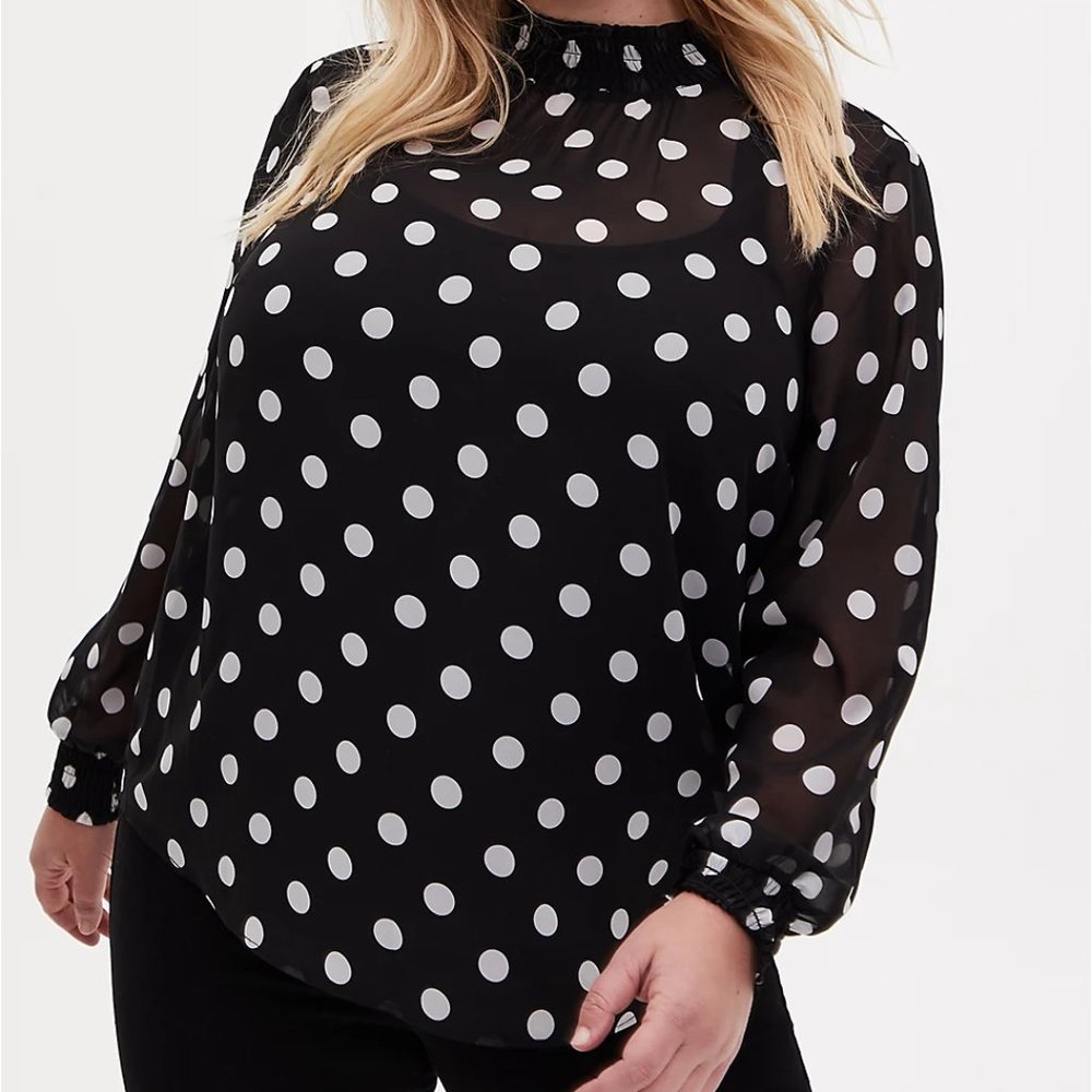COPY - Torrid BLACK SHEER CHIFFON POLKA DOT SMOCKED MOCK NECK BLOUSE